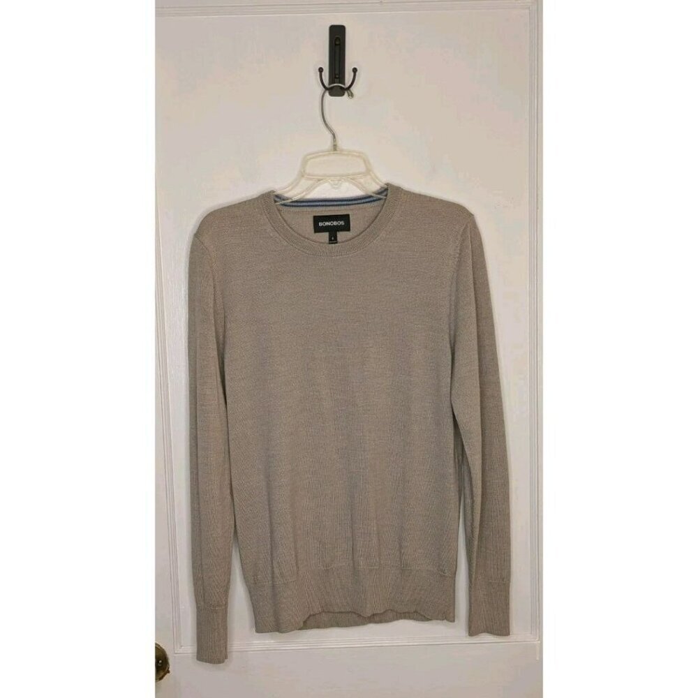 Bonobos Mens Beige Crew Neck Sweater Sz S Extra Fine Merino Wool Knit Golf